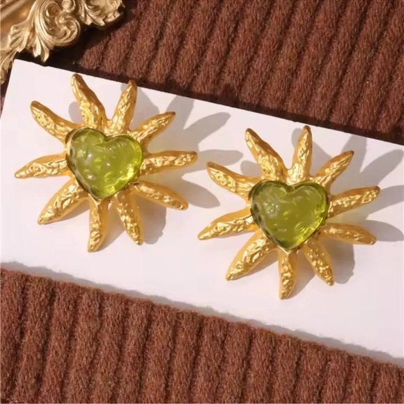 Golden Sun Heart Stud Earrings